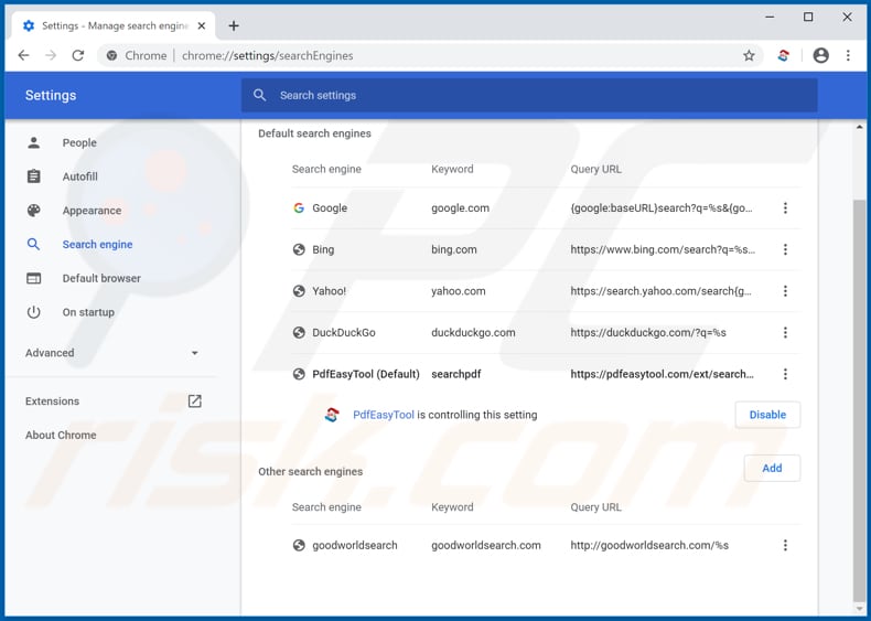 Removing pdfeasytool.com from Google Chrome default search engine