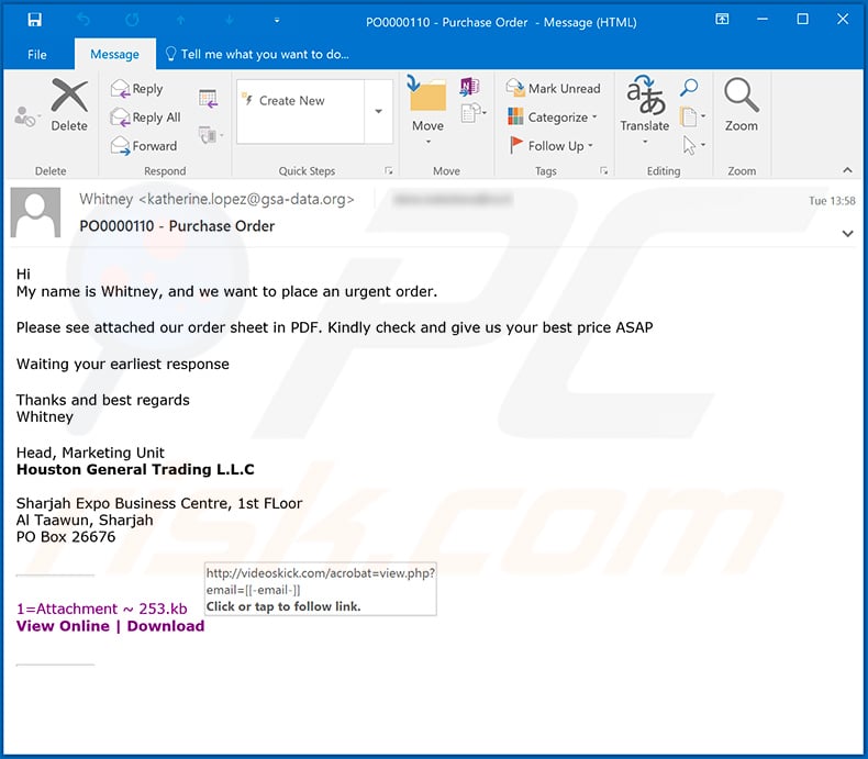 Purchase Order phishing spam campaign