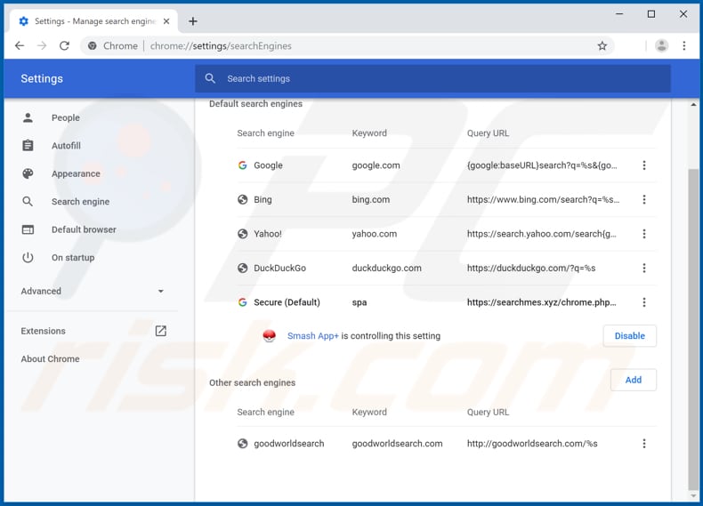 Removing qlopx.xyz from Google Chrome default search engine