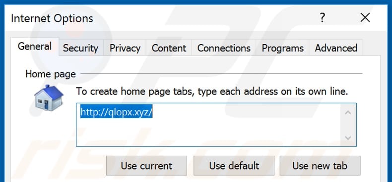 Removing qlopx.xyz from Internet Explorer homepage