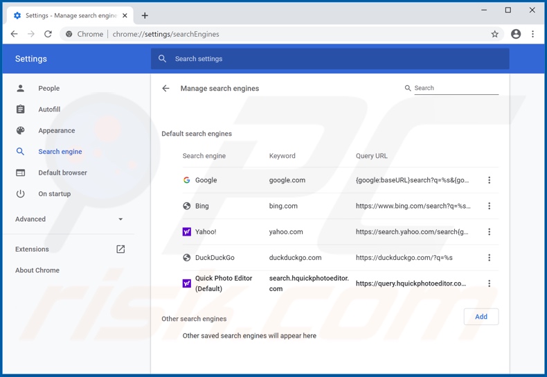 Removing search.hquickphotoeditor.com from Google Chrome default search engine