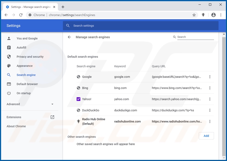 Removing radiohubonline.com from Google Chrome default search engine