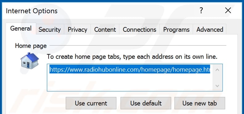 Removing radiohubonline.com from Internet Explorer homepage