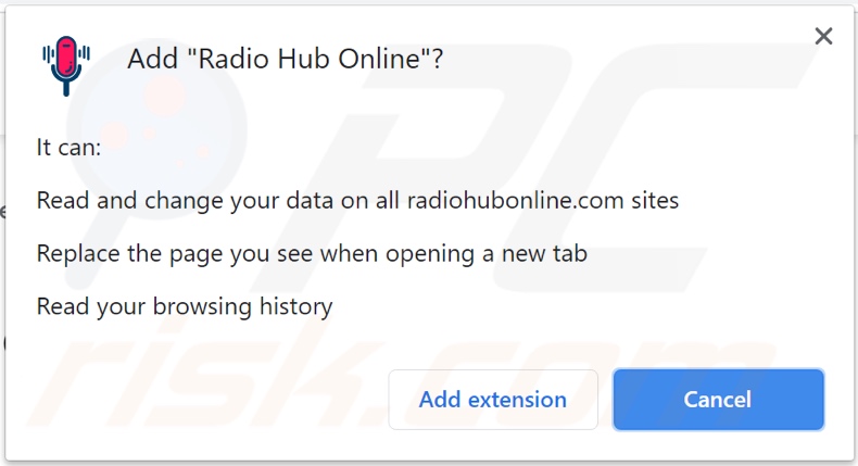 Radio Hub Online browser hijacker asking for permissions