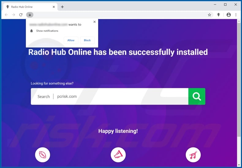 Radio Hub Online browser hijacker promoter page displayed after installation