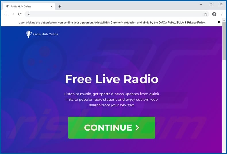 Website used to promote Radio Hub Online browser hijacker