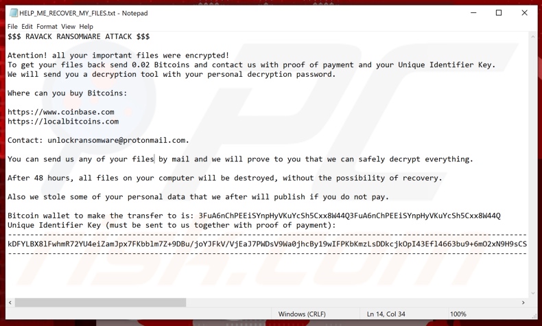 Ravack ransomware ransom note (HELP_ME_RECOVER_MY_FILES.txt)