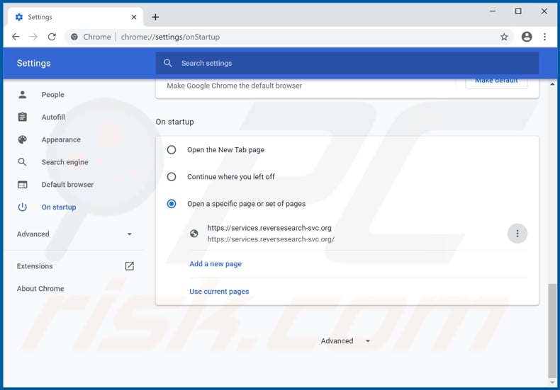Removing services.reversesearch-svc.org from Google Chrome homepage