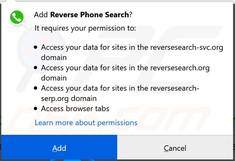 Reverse Phone Search browser hijacker asking for permissions