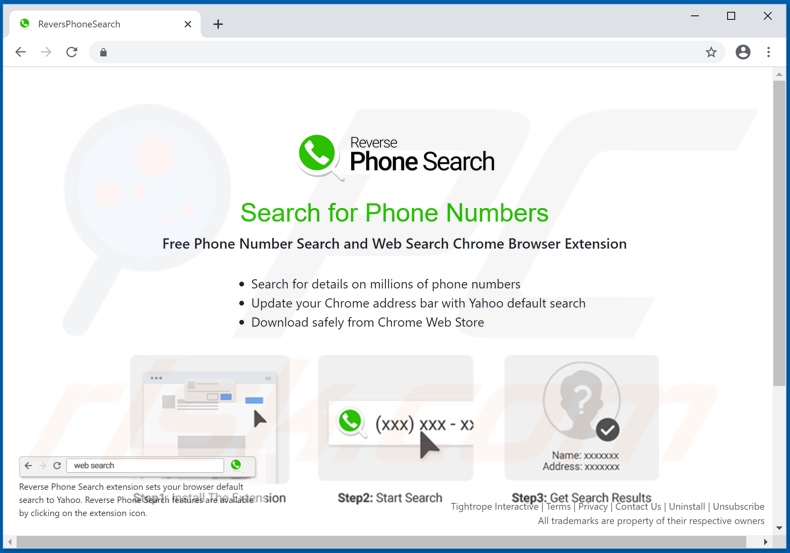 Website used to promote Reverse Phone Search browser hijacker