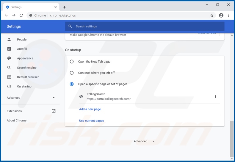 Removing rollingsearch.com from Google Chrome homepage