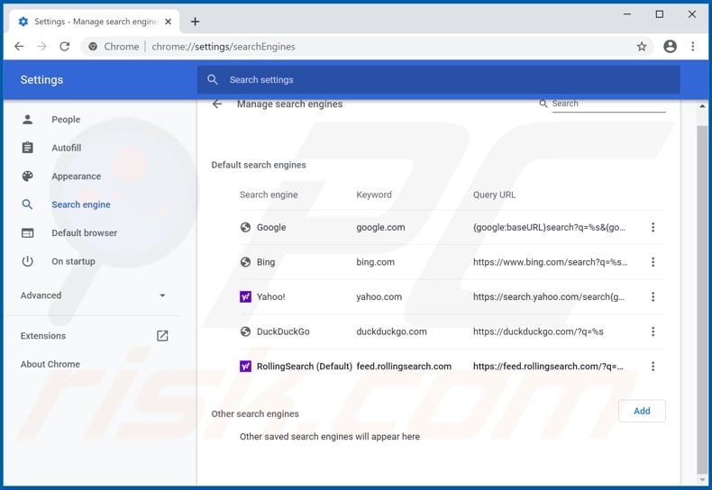 Removing rollingsearch.com from Google Chrome default search engine