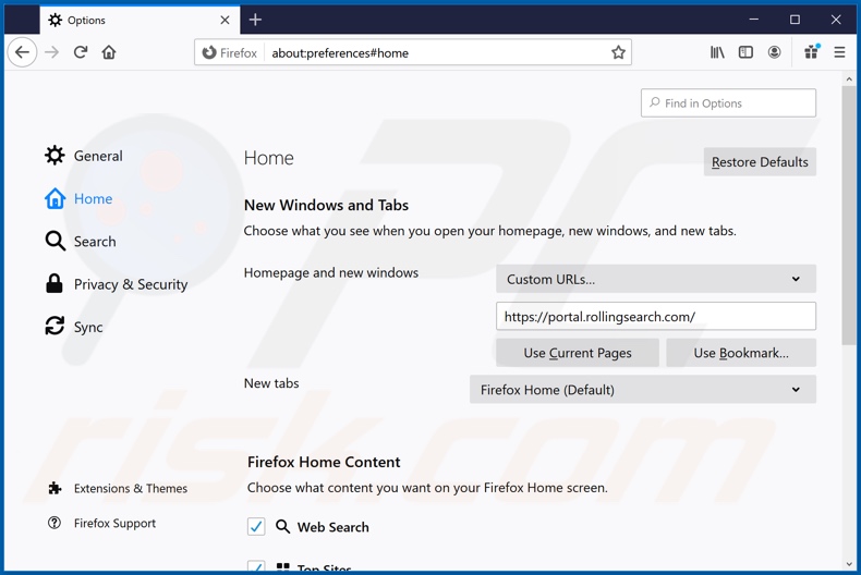 Removing rollingsearch.com from Mozilla Firefox homepage