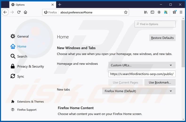 Removing s.searchfordirections-serp.com from Mozilla Firefox homepage