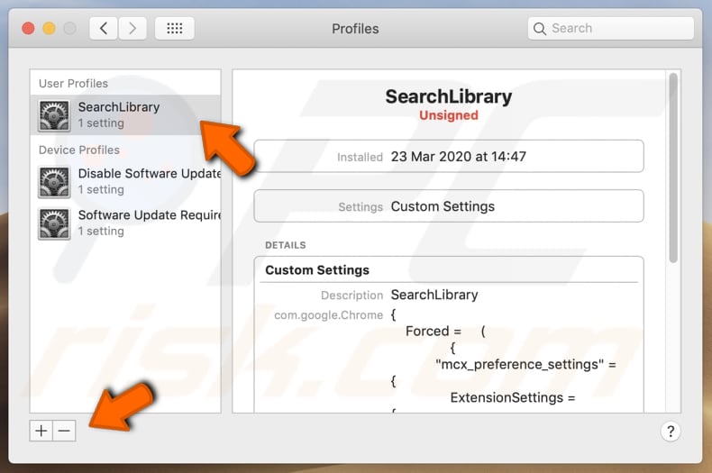 Remove rogue profiles designed to promote SearchLibrary (Step 2)