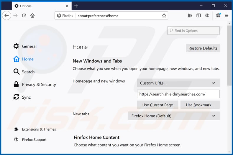 Removing search.shieldmysearches.com from Mozilla Firefox homepage