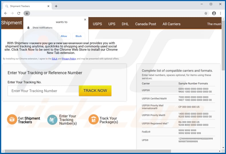 Website used to promote Shipment Trackers browser hijacker