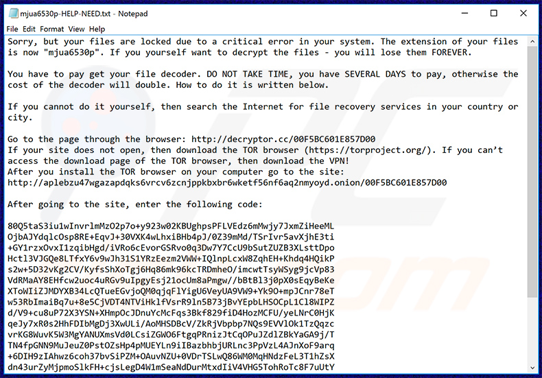 Sodinokibi ransomware text file ([random_string]-NEED-HELP.txt)
