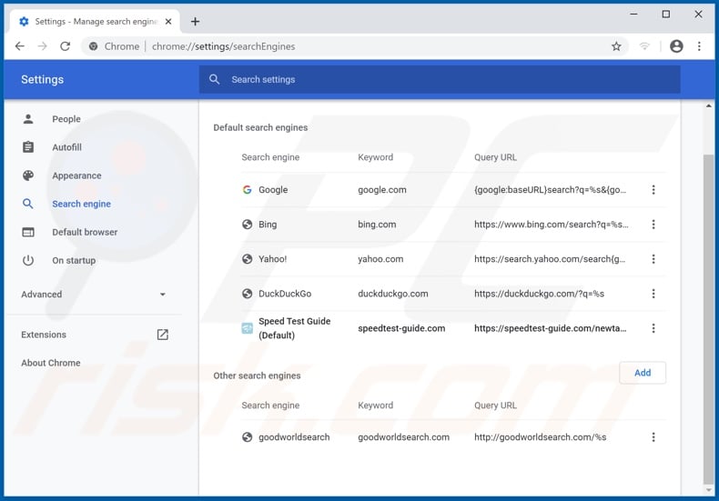 Removing speedtest-guide.com from Google Chrome default search engine