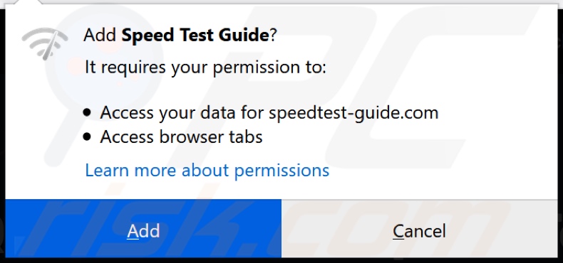 Speed Test Guide browser hijacker askign for permissions on Firefox