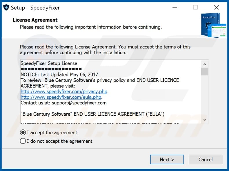 SpeedyFixer PUA installation setup