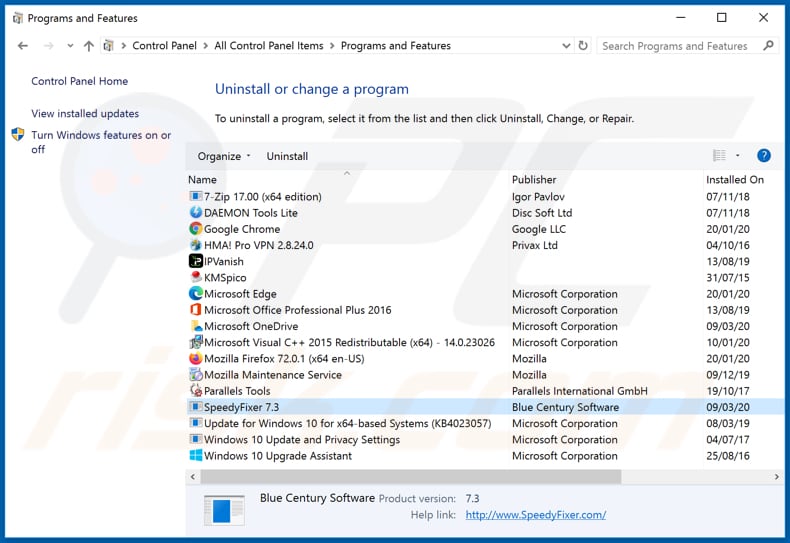 SpeedyFixer adware uninstall via Control Panel