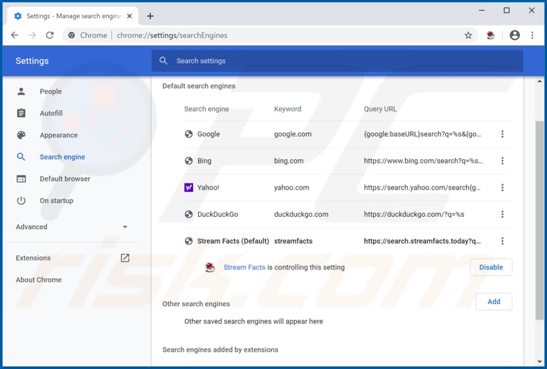 Removing search.streamfacts.today from Google Chrome default search engine