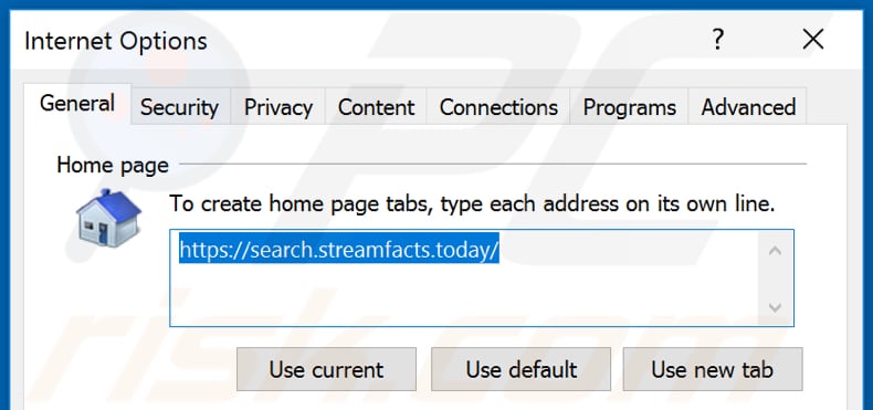 Removing search.streamfacts.today from Internet Explorer homepage