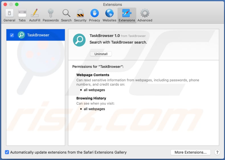 taskbrowser adware installed on safari browser