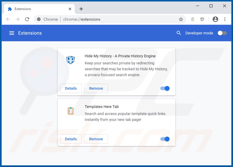 Removing hp.htemplateshere.co related Google Chrome extensions