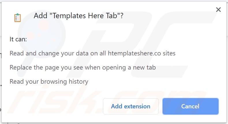 Templates Here Tab browser hijacker asking for permissions