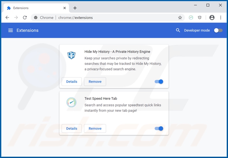 Removing search.htestspeedhere.com related Google Chrome extensions