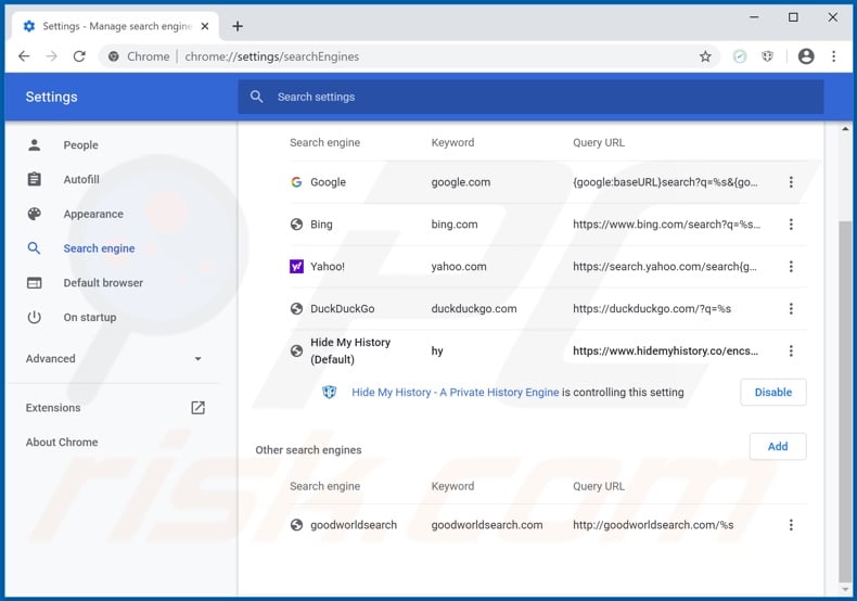 Removing search.htestspeedhere.com from Google Chrome default search engine