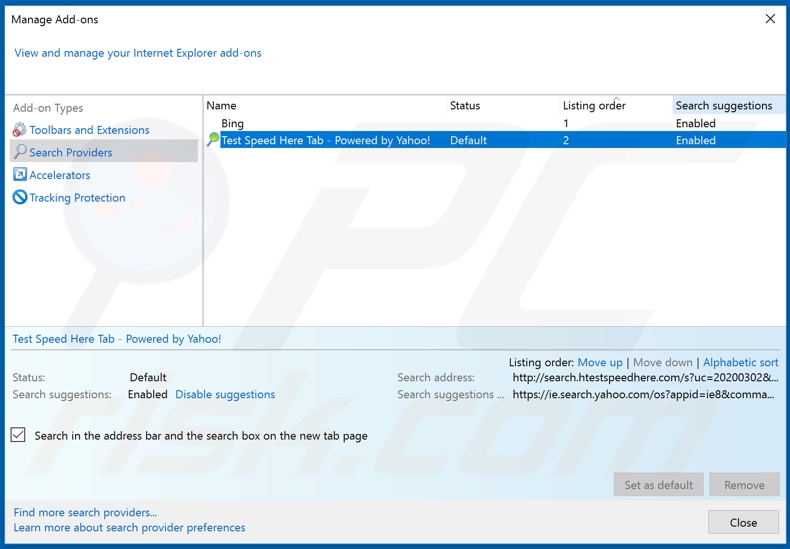 Removing search.htestspeedhere.com from Internet Explorer default search engine