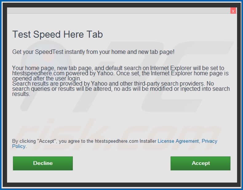 Official Test Speed Here Tab browser hijacker installation setup