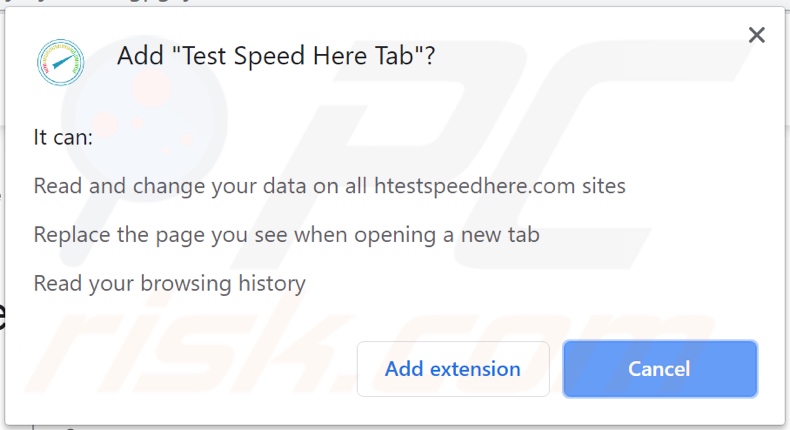 Test Speed Here Tab browser hijacker asking for permissions