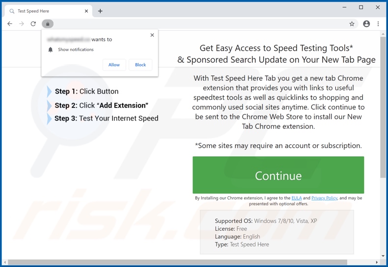 Website used to promote Test Speed Here Tab browser hijacker