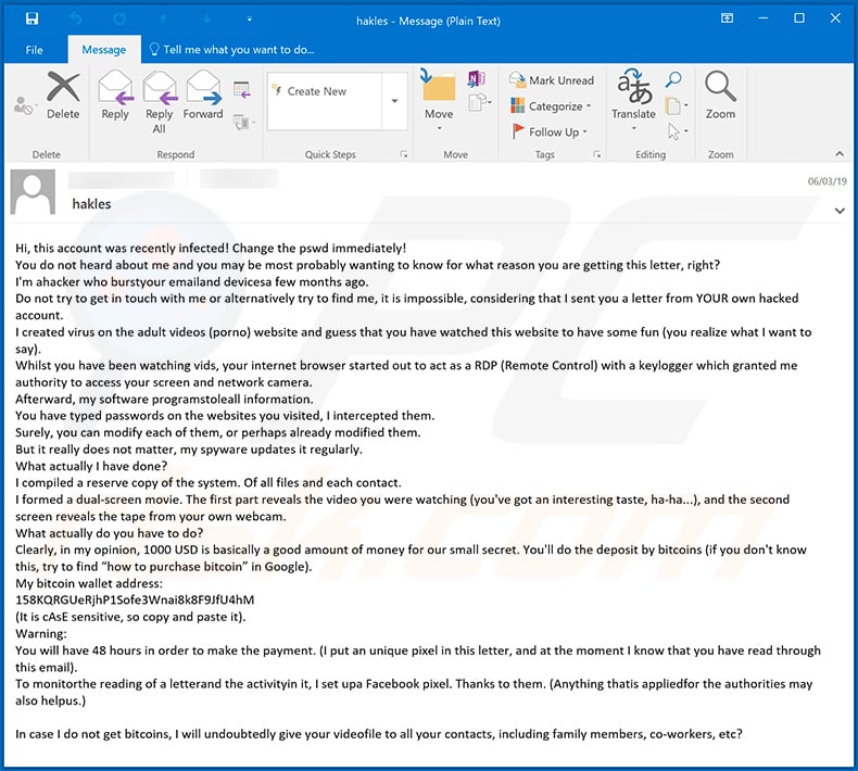 This account was recently infected email scam