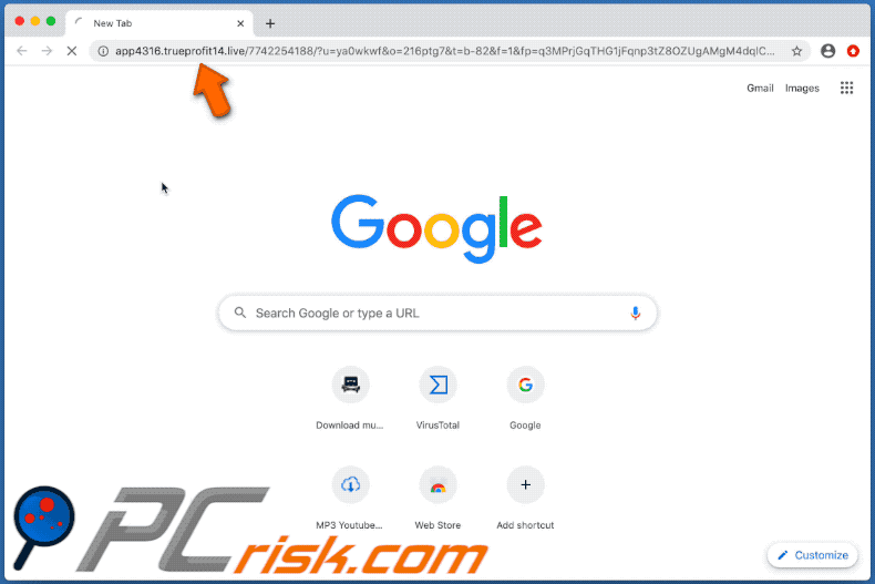 Trueprofit scam appearance on Chrome (GIF)