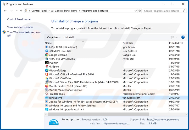 Tuneup Pro adware uninstall via Control Panel