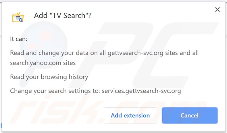 TV Search browser hijacker asking for permissions on Chrome