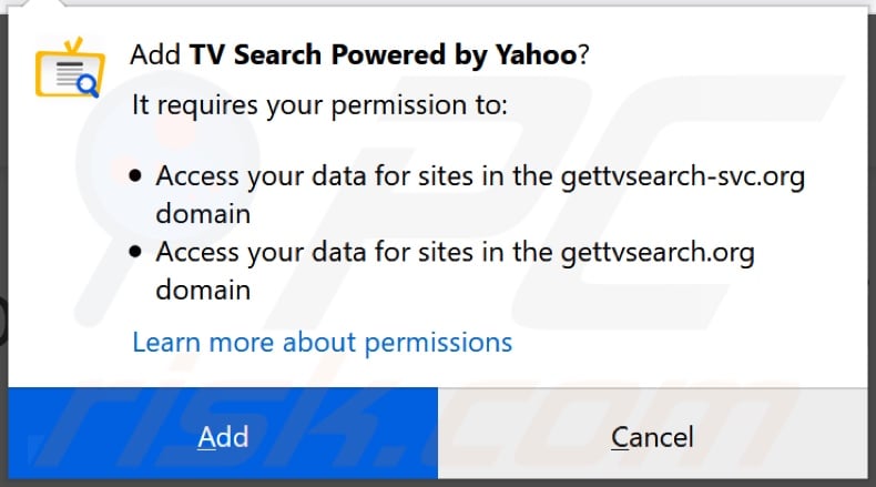 TV Search browser hijacker asking for permissions on Firefox