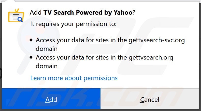 TV Search browser hijacker asking for permissions on Firefox