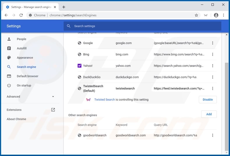 Removing feed.twistedsearch.com from Google Chrome default search engine