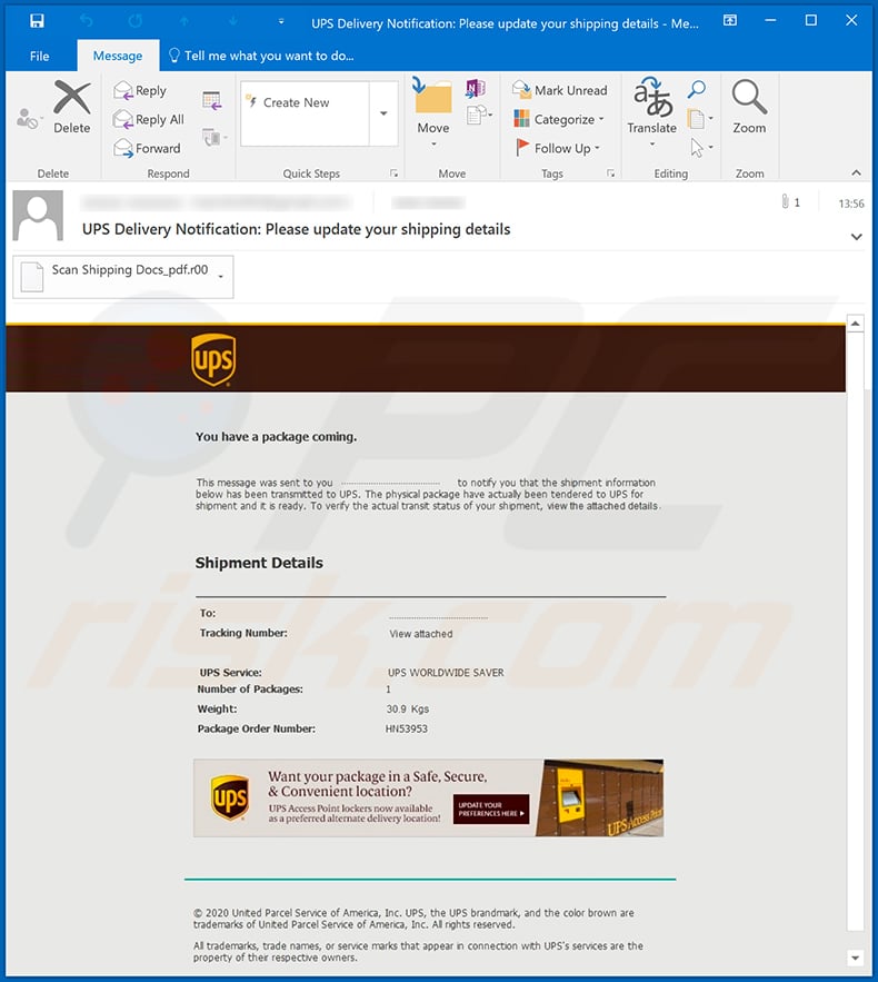 UPS email spreading Agent Tesla trojan