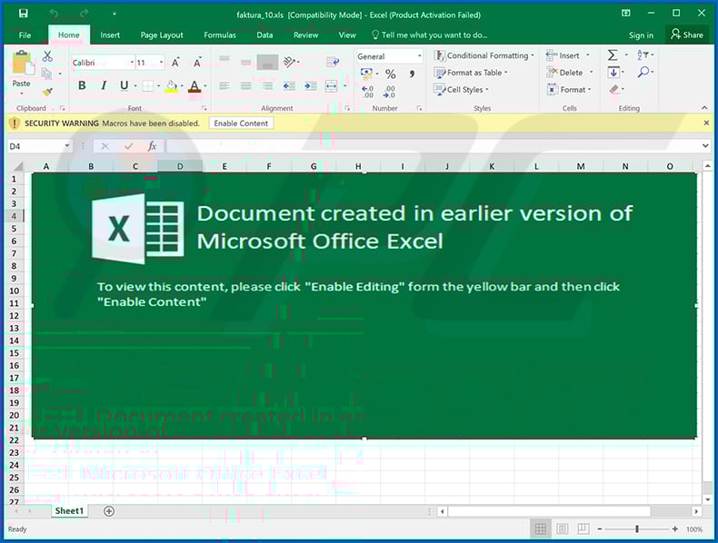 Malicious MS Excel document used to inject Ursnif trojan into the system