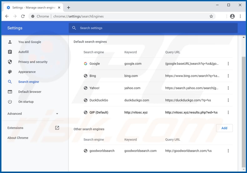 Removing vitosc.xyz from Google Chrome default search engine