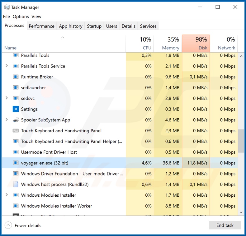 Voyager ransomware process on task manager (voyager_en.exe; process name may vary)