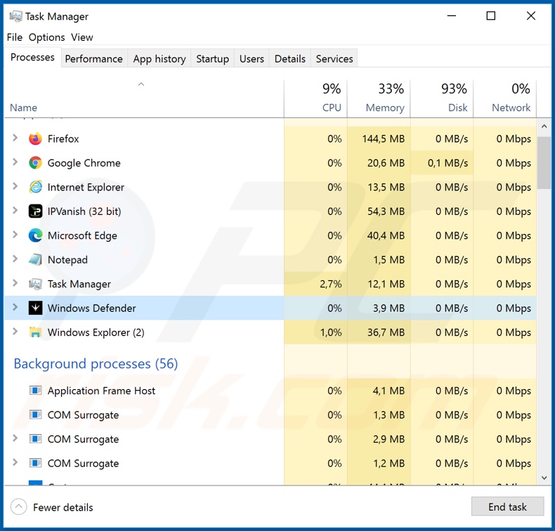 Wanna Decrypt0r 4.0 ransomware process on task manager (Windows Defender; process name may vary)