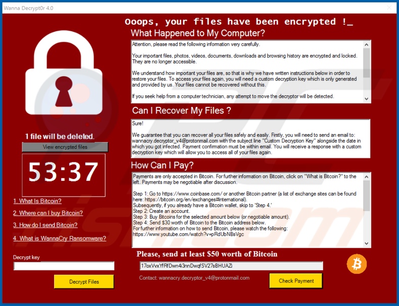 Wanna Decrypt0r 4.0 ransomware ransom note (pop-up)